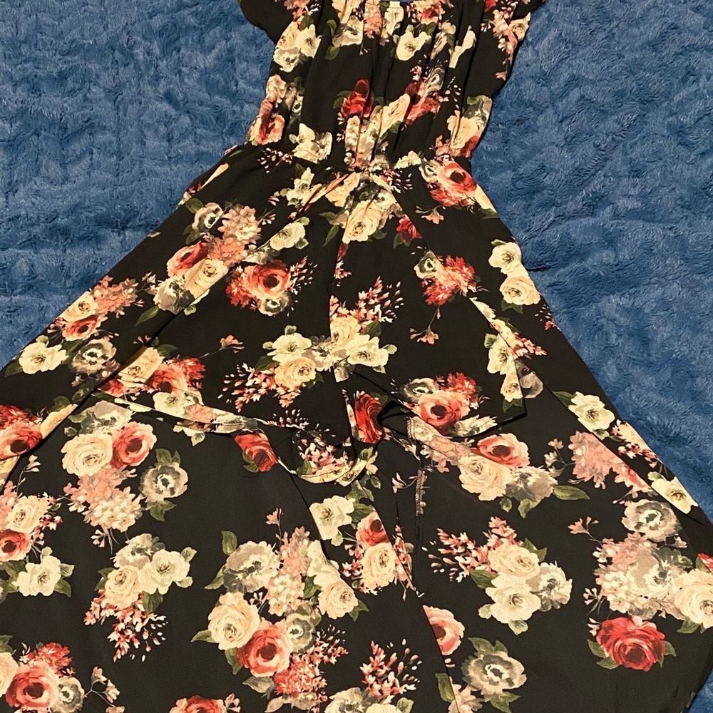 Black floral romper with long split skirt over lay